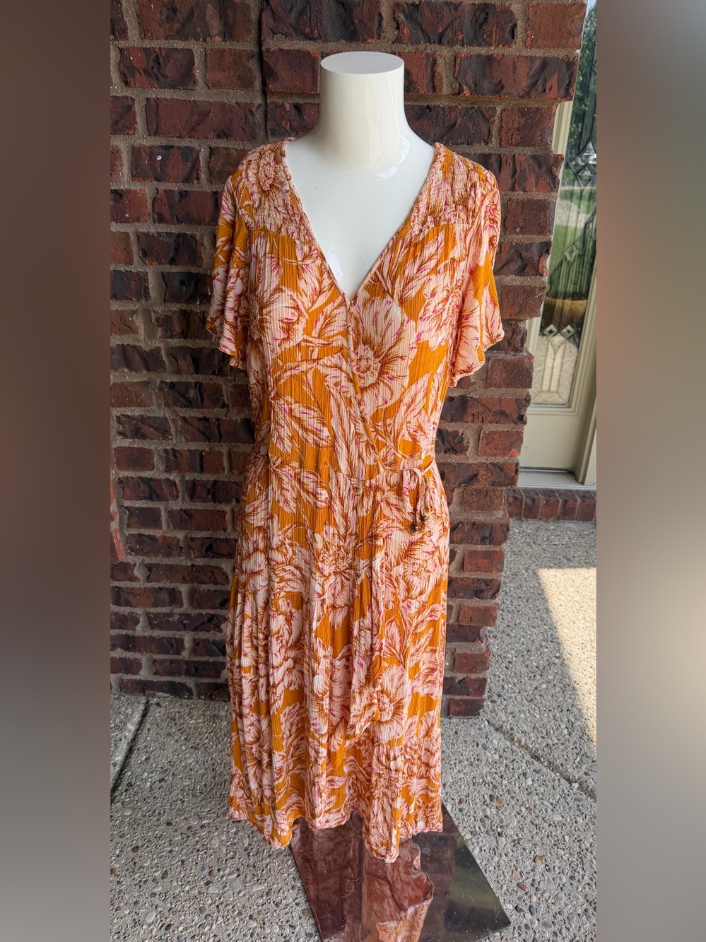Band of the Free Medium Mustard Floral Crinkle Midi Dress Boho V-Neck Tie Waist